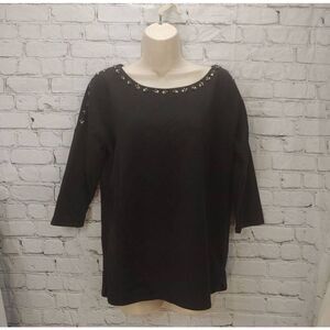 New York & Co Women's Size Medium Black Beaded Collar Blouse.